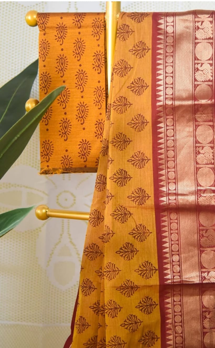 Traditional Mustard Yellow and Maroon Gadwal Silk Cotton saree 