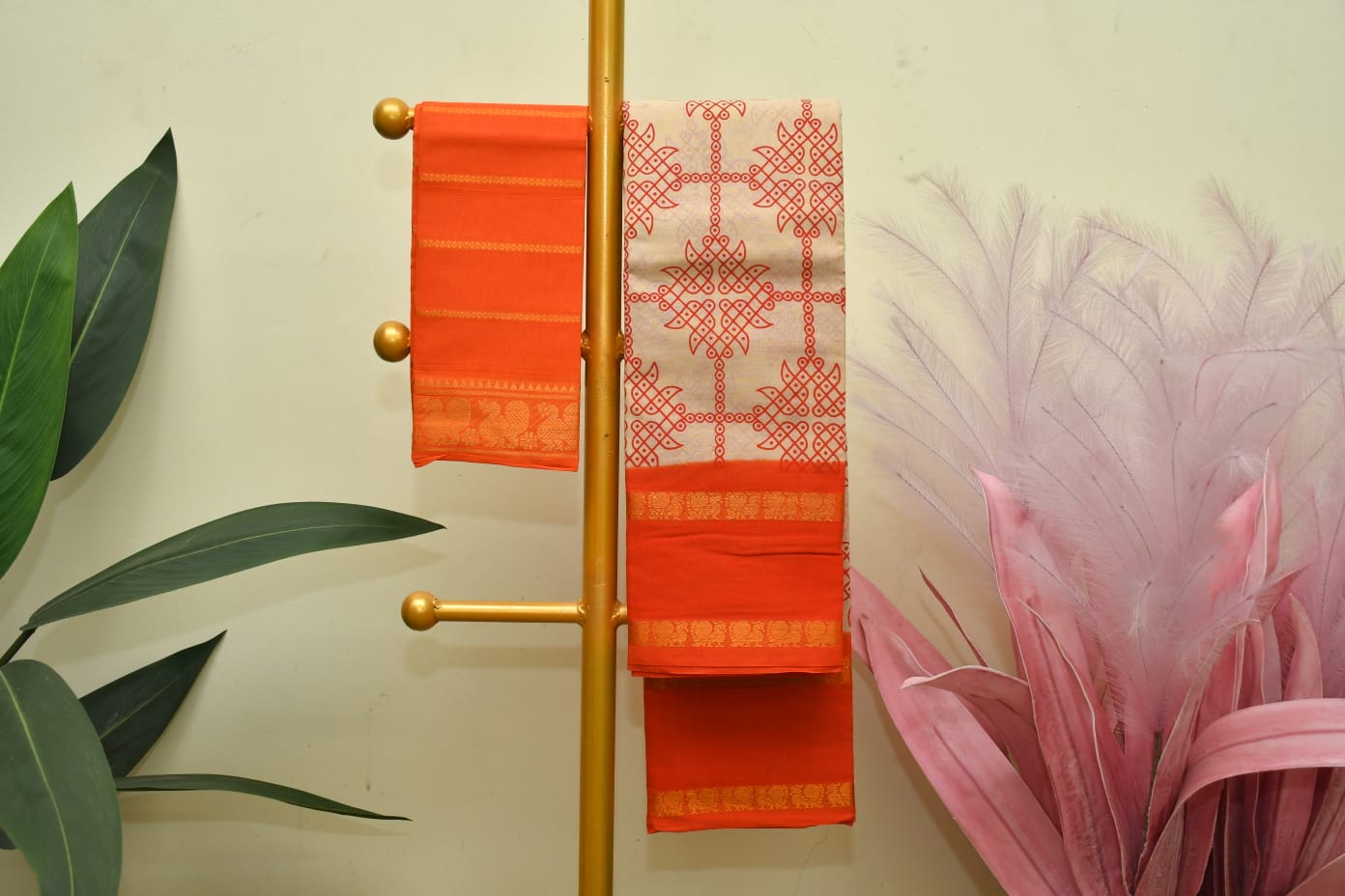 Elegant Orange Kolam Saree