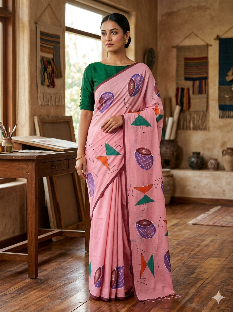 Pink Geometric Cotton Saree