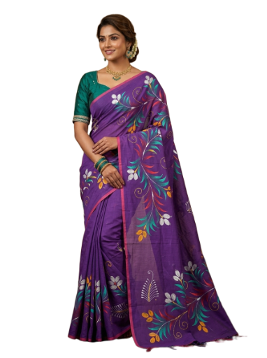 Purple Floral printed cotton Saree