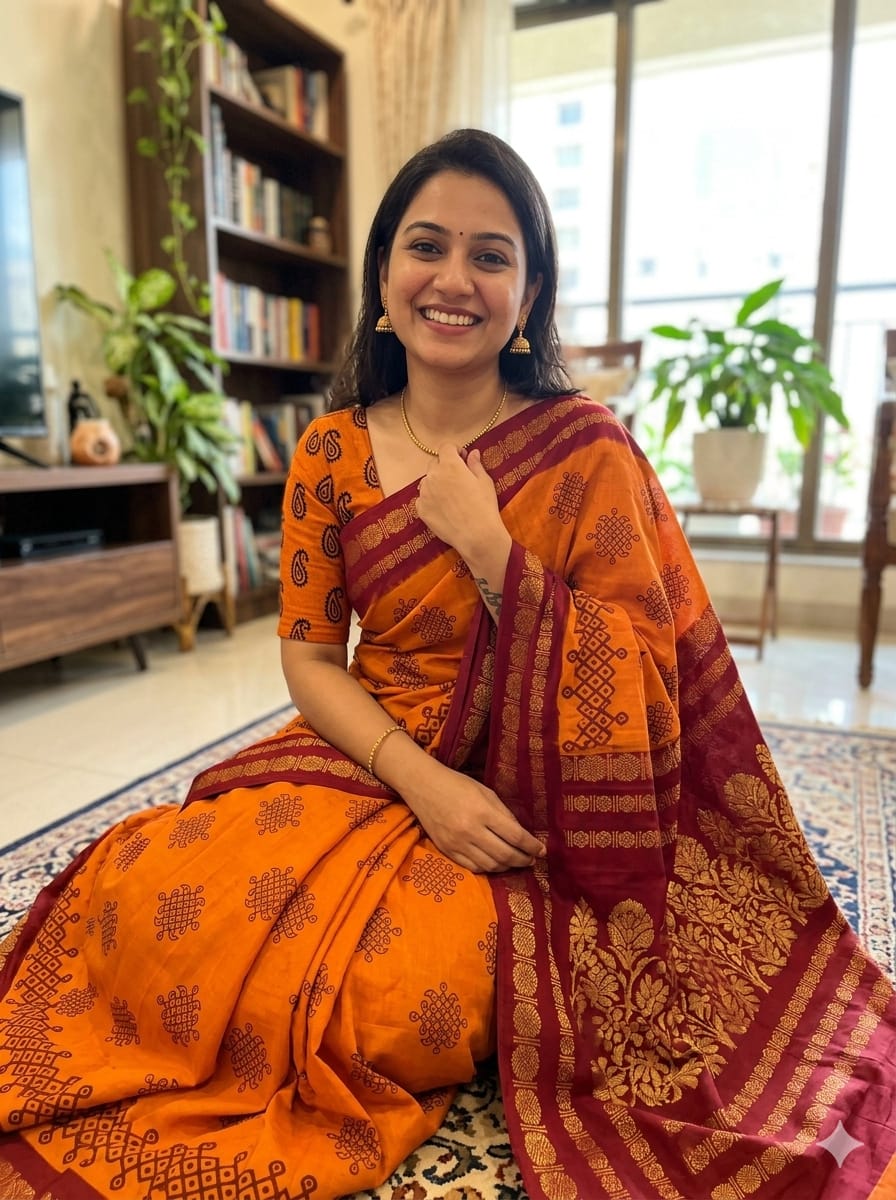 Traditional Orange Kolam Saree