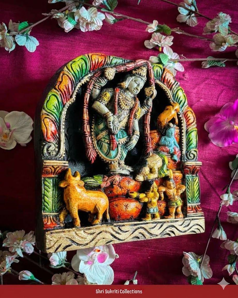 Lord Krishna Wooden Relief wall panel