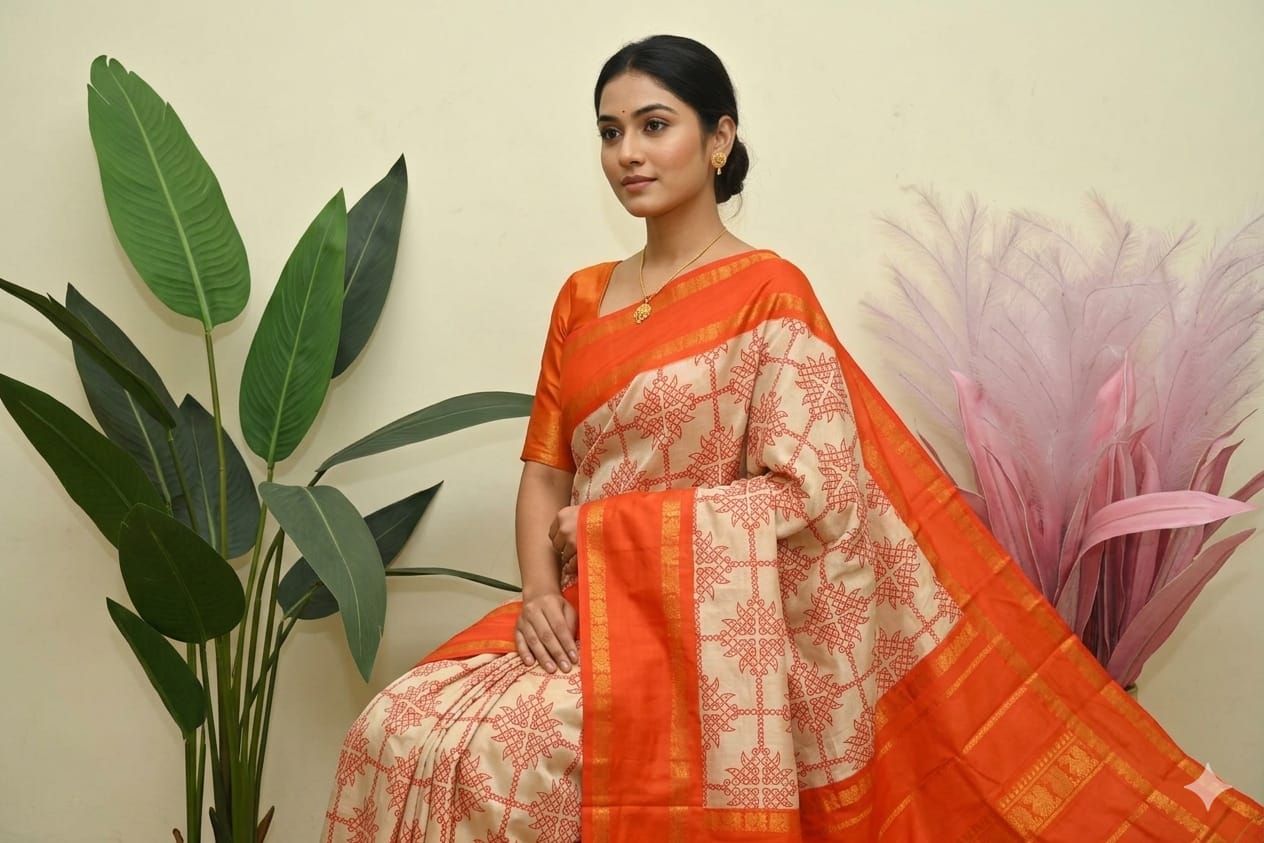 Elegant Orange Kolam Saree
