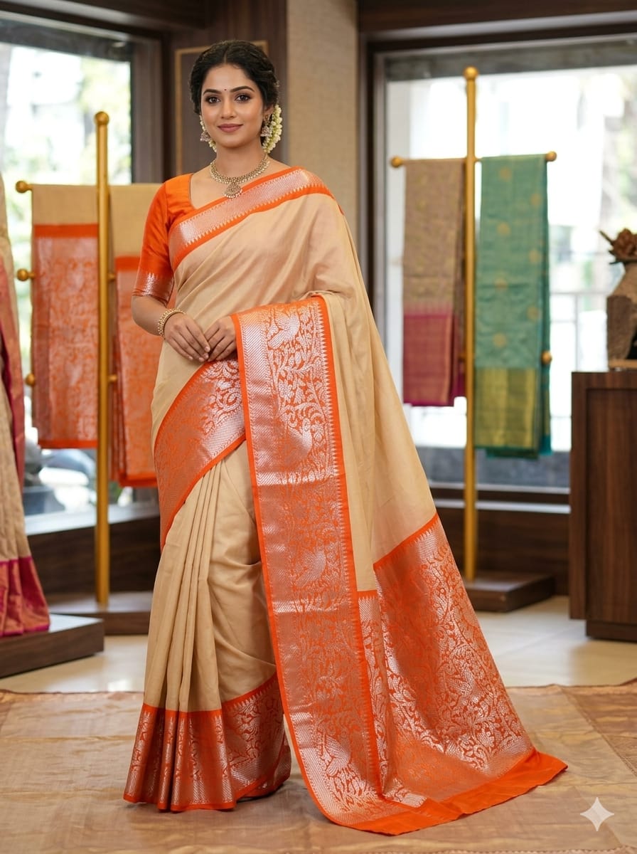 Elegant Cream and Orange Sungudi Saree
