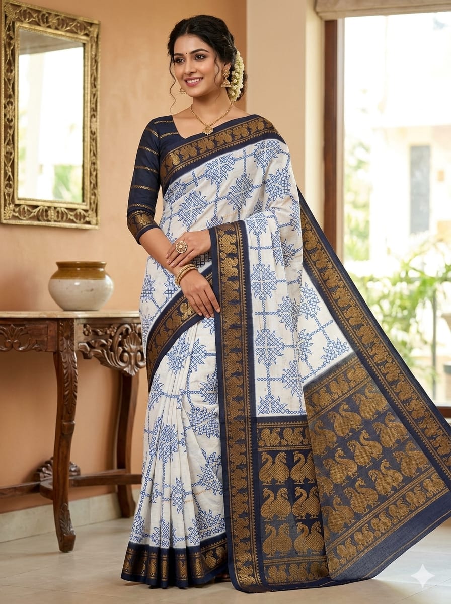 Elegant Kolam Printed cotton saree