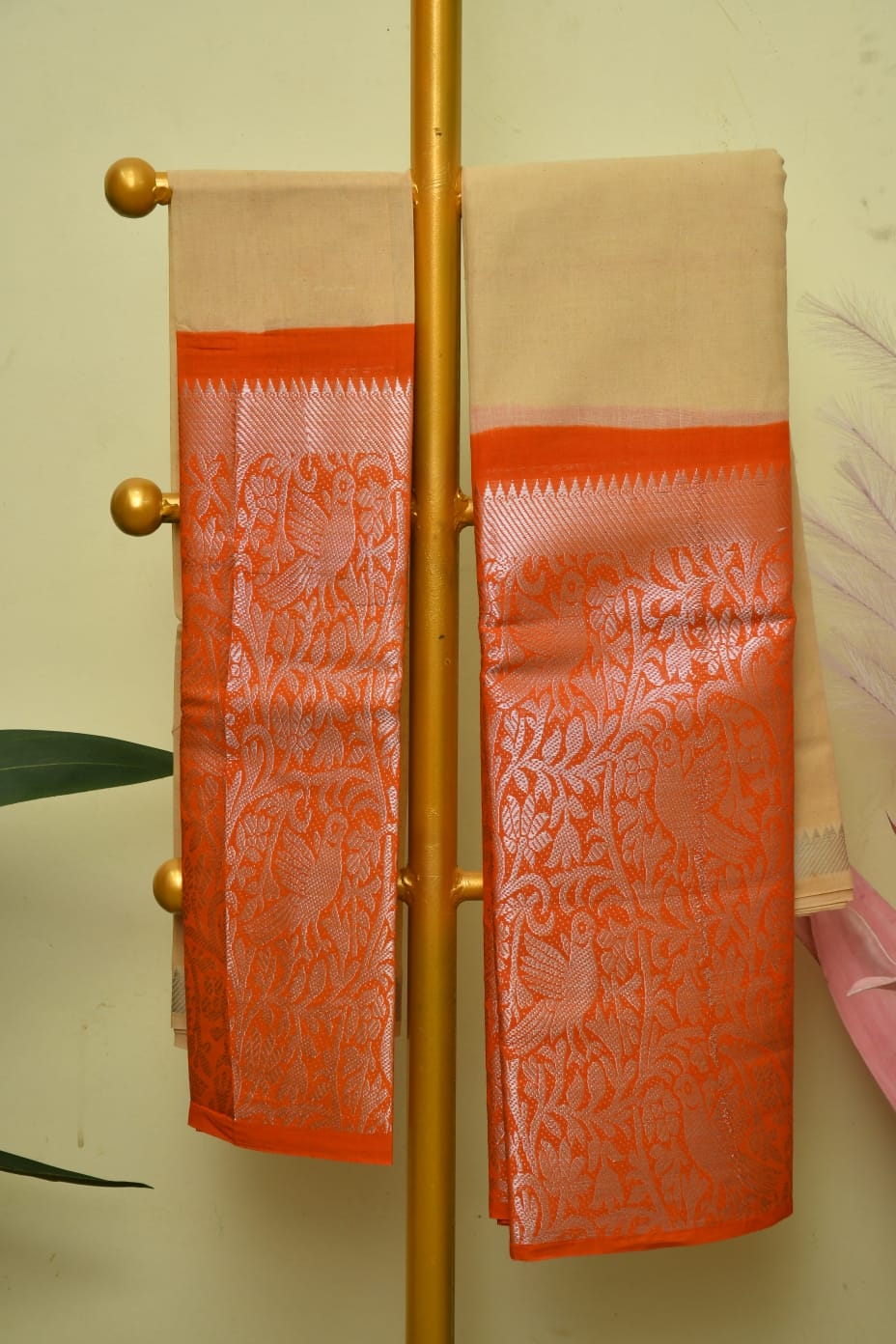 Elegant Cream and Orange Sungudi Saree