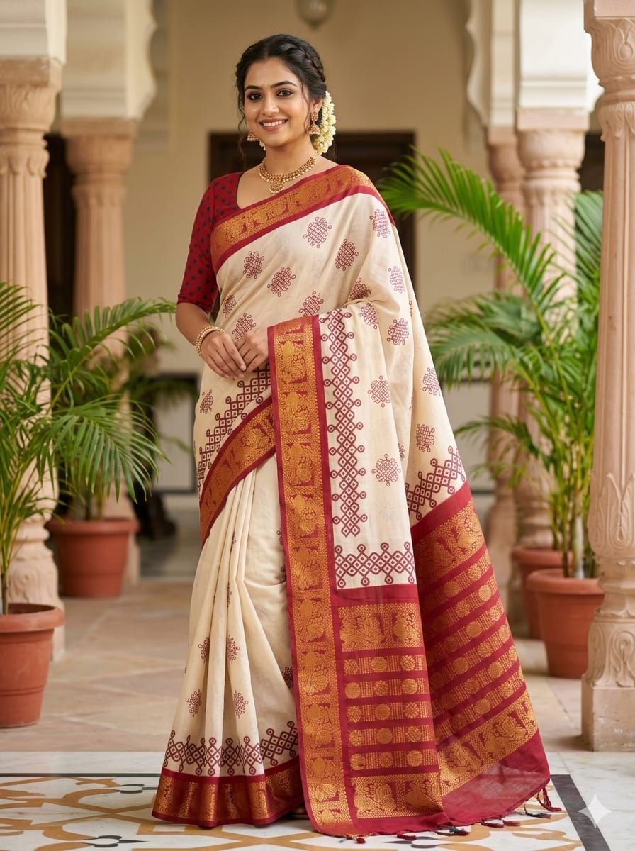 Elegant Cream & Maroon Kolam Saree