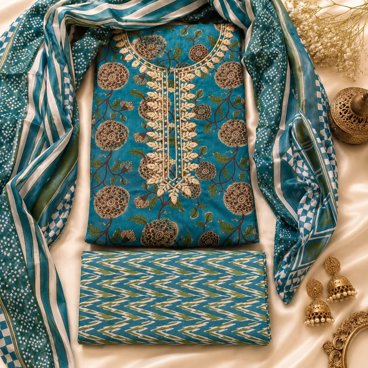 Peacock Blue Cotton Printed with Embroidery Unstitched Suit Fabric