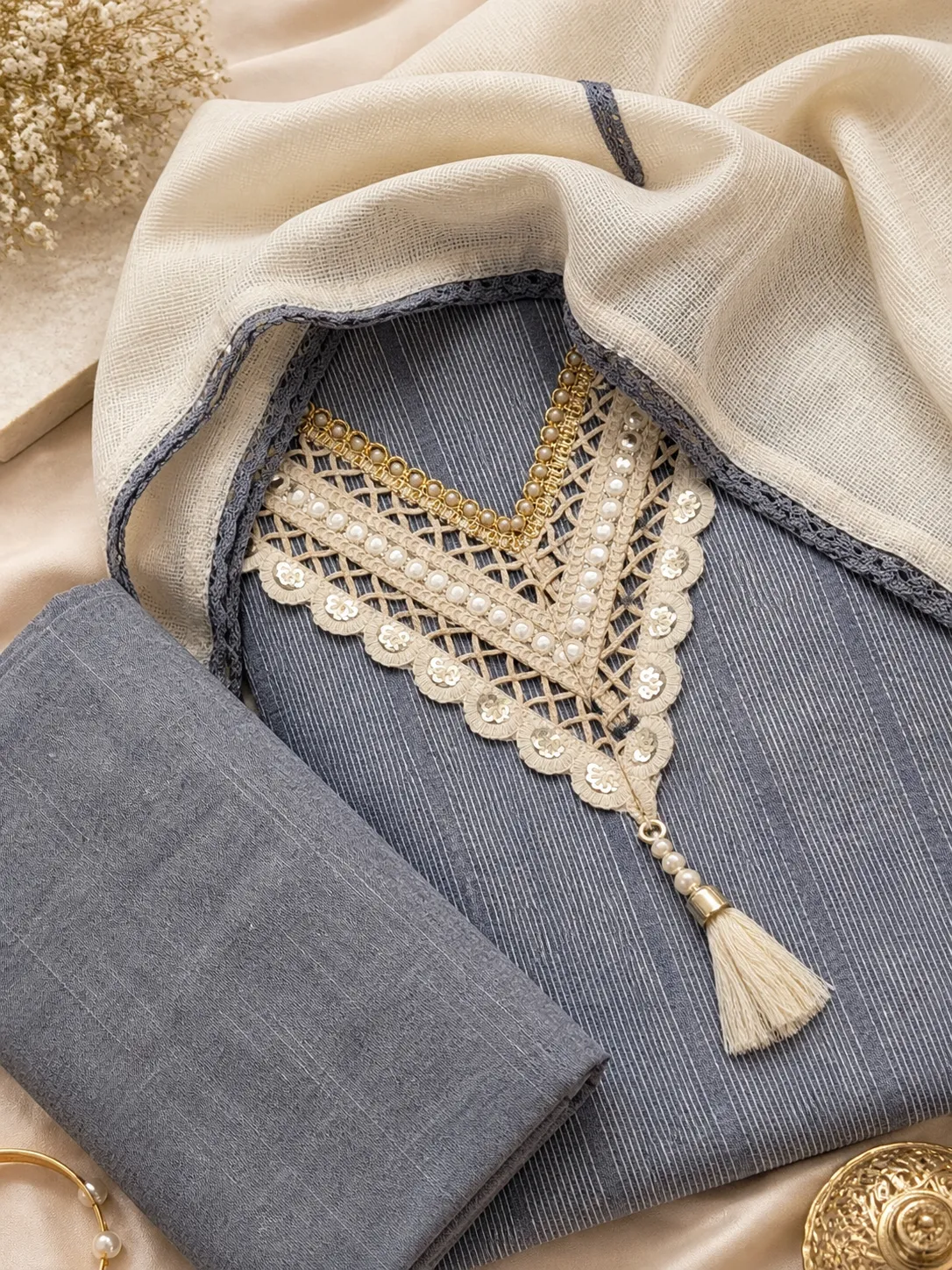 Grey Handloom Cotton Unstitched Suit Fabric