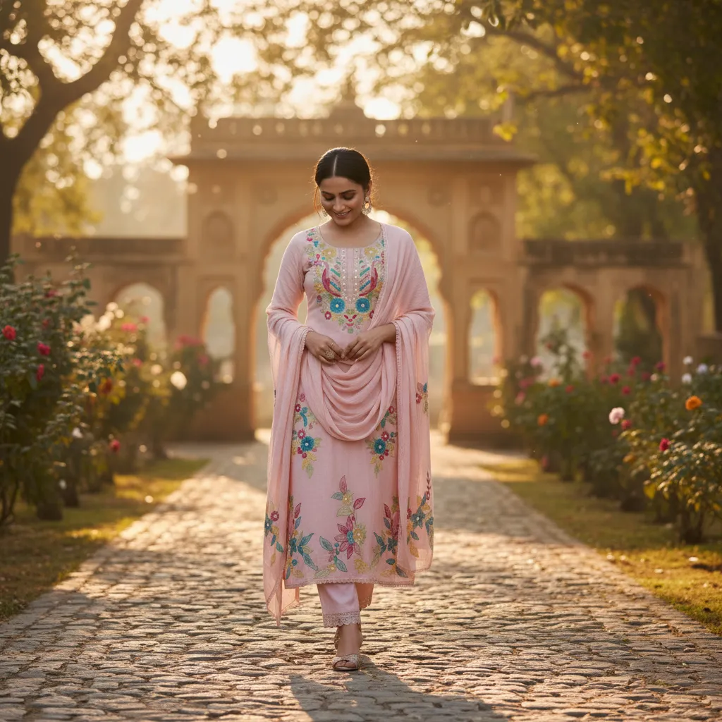 Pink Mul Cotton Unstitched fabric with Traditional Hand Embroidery & Mirror work