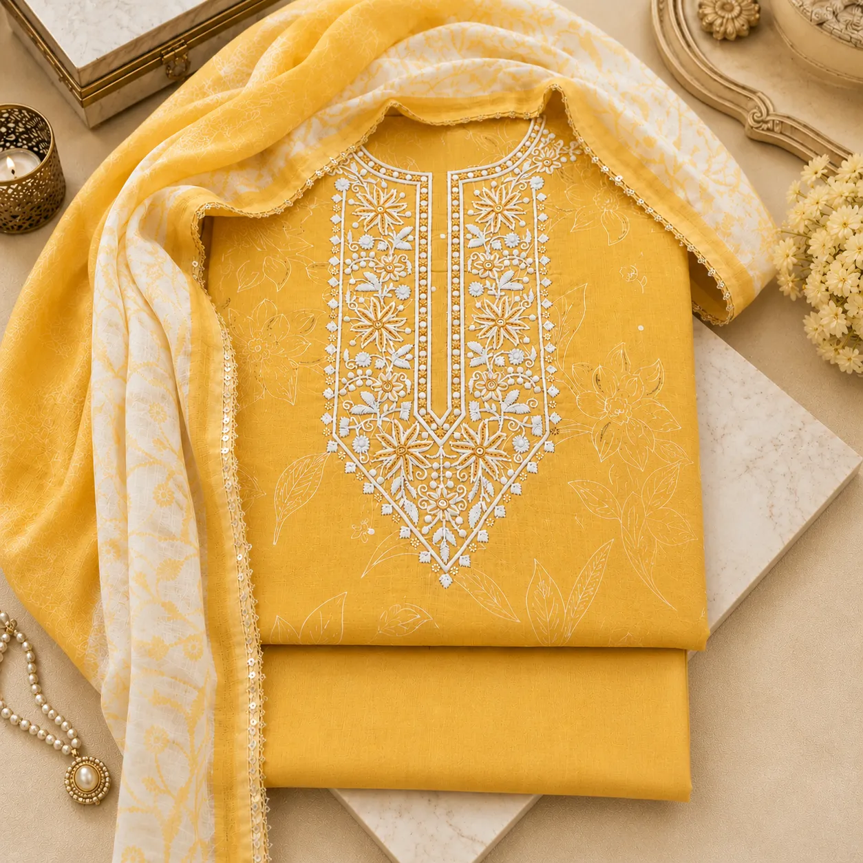 Yellow Cotton Embroidered Unstitched Suit Fabric