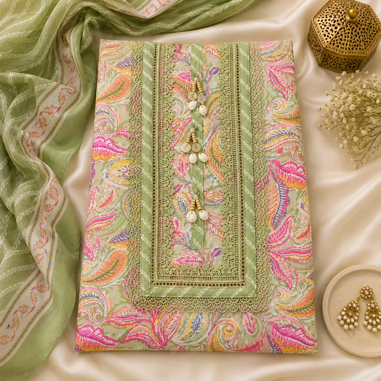 Pastel Green Embroidered Kurti Set