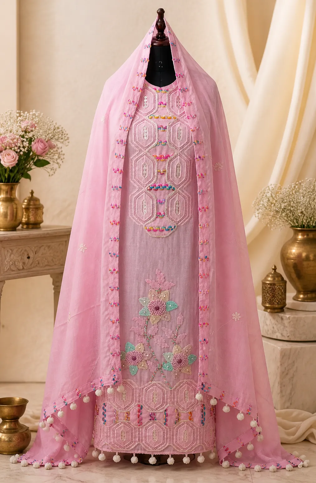 Embroidered Pink Pure Mul Chanderi Unstitched Suit Fabric