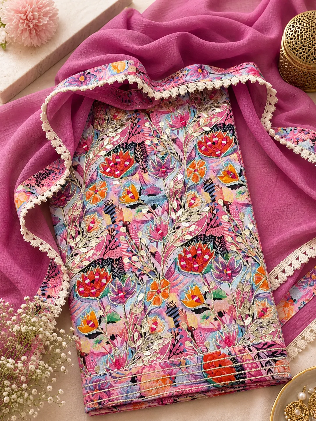 Mauve Pink Floral Pure Cotton Mirror and Zari Unstitched Suit Set