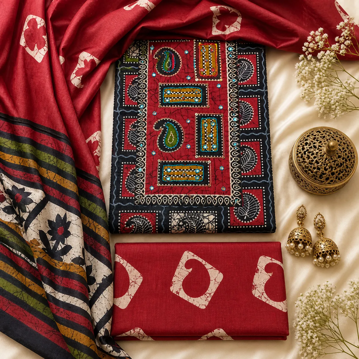 Red Cotton Ajrak Print Unstitched Suit Fabric