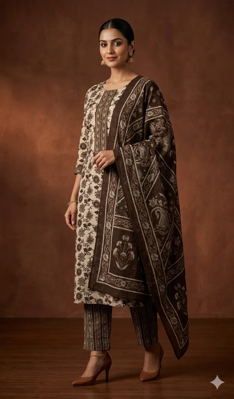 Brown Cotton Printed Mirror work with Embroidery Unstitched Suit Fabric