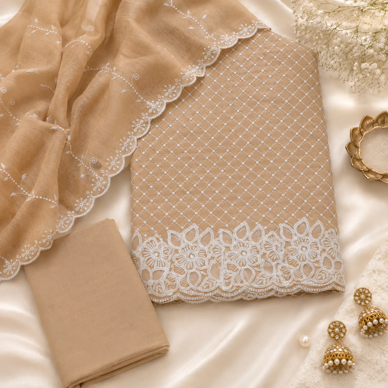 Peach-tinted Beige Cotton Embroidered Unstitched Suit Fabric