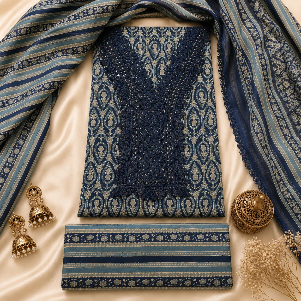 Blue Printed Pure Cotton Unstitched Suit Fabric