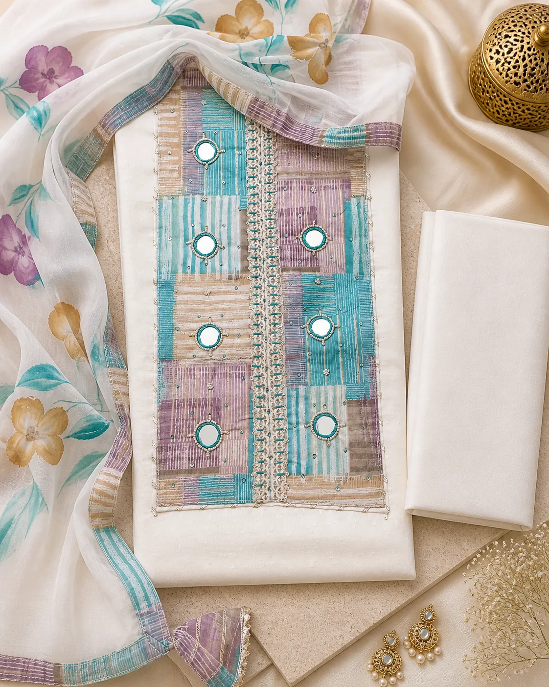Ivory White Blue pure Jacquard Cotton Mirror Unstitched Suit Set