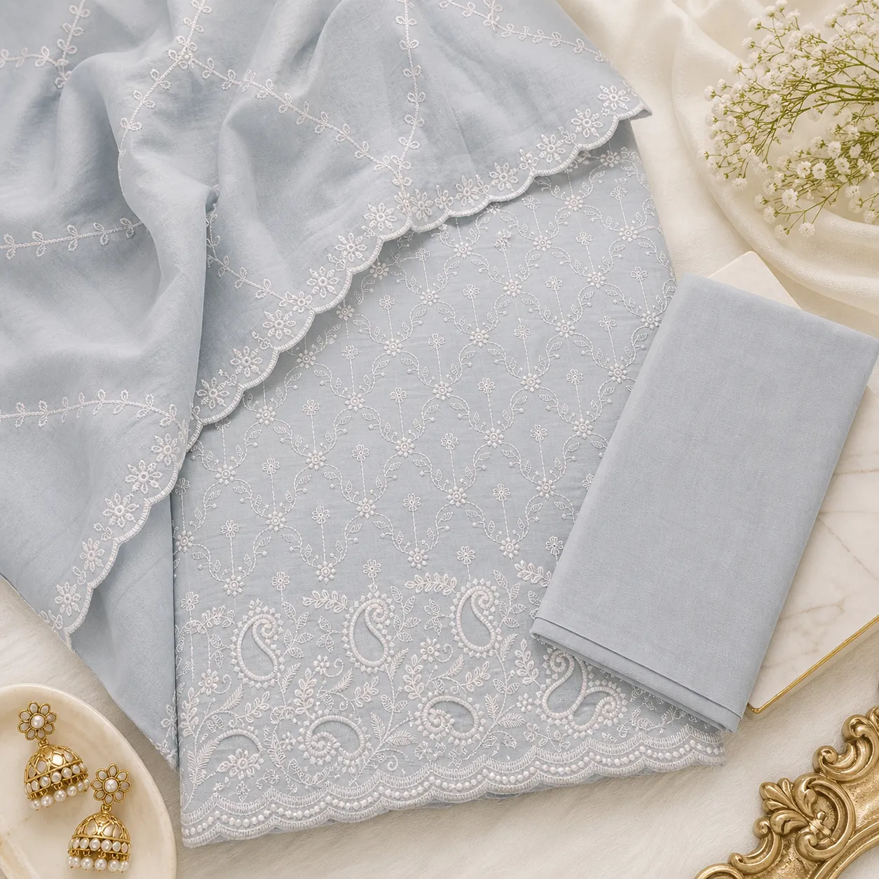 Pastel Blue Cotton Chikankari & Cut Work Unstitched Suit Fabric