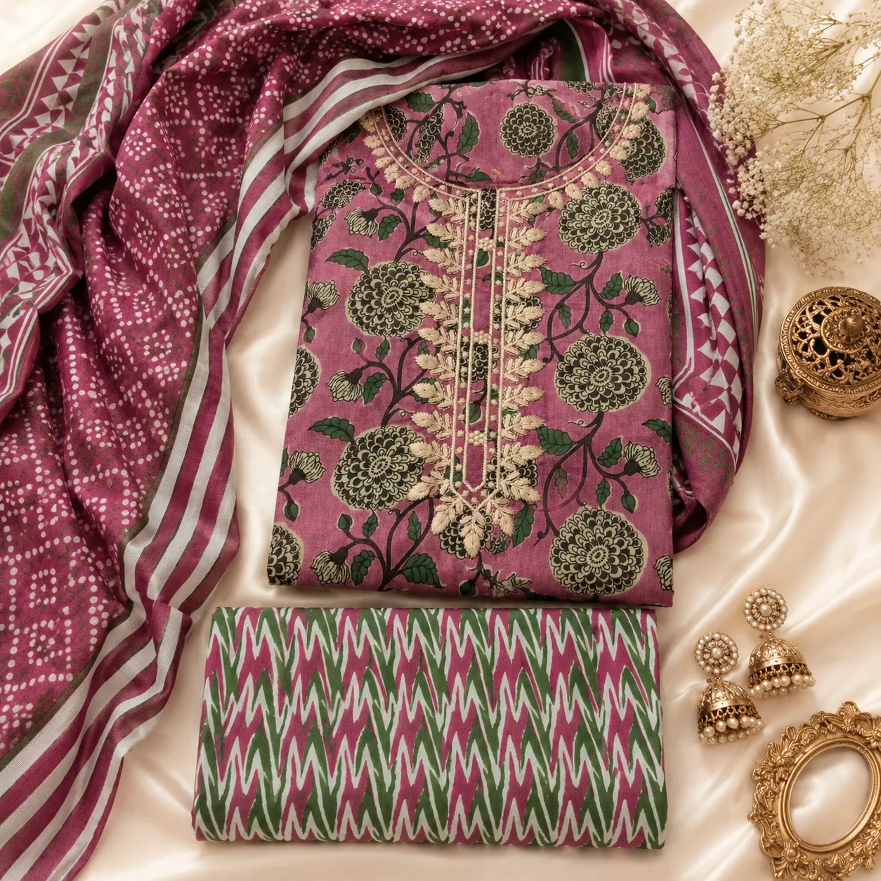 Purple Cotton Printed with Embroidery Unstitched Suit Fabric