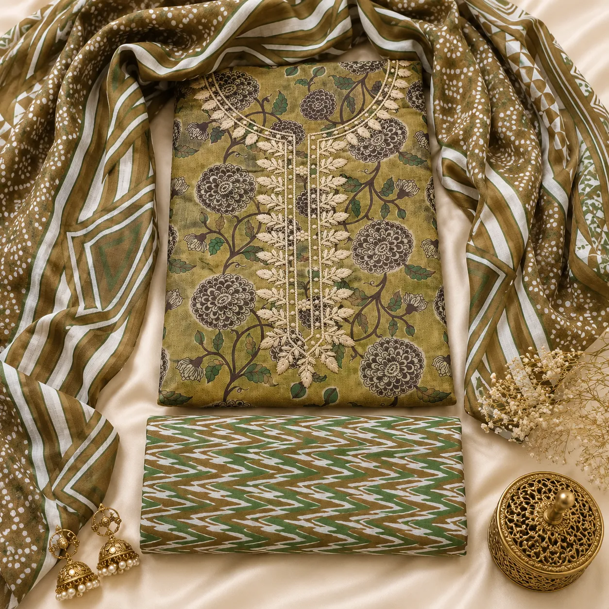Mehandi Green Cotton Printed with Embroidery Unstitched Suit Fabric