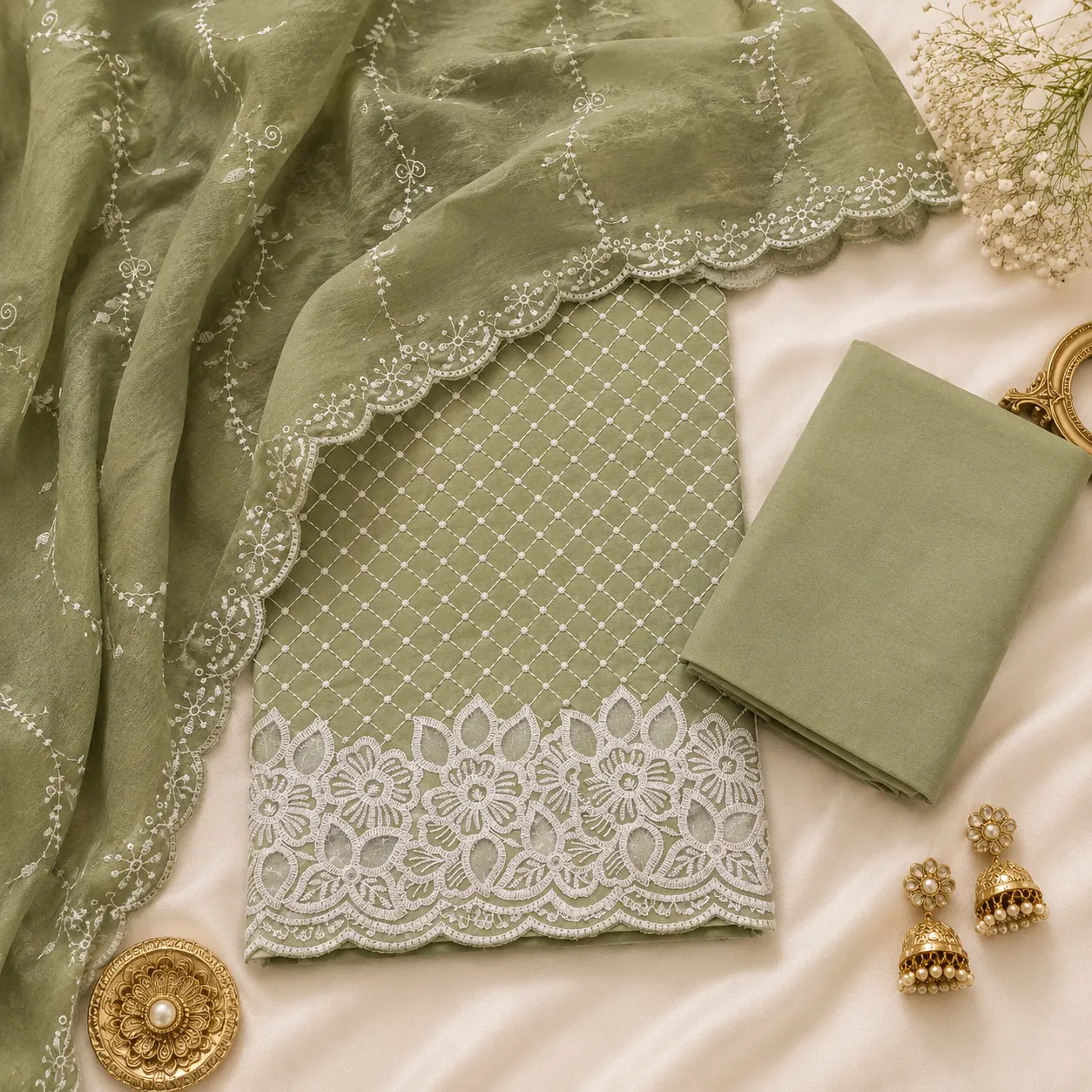 Pastel Green Cotton Embroidered Unstitched Suit Fabric