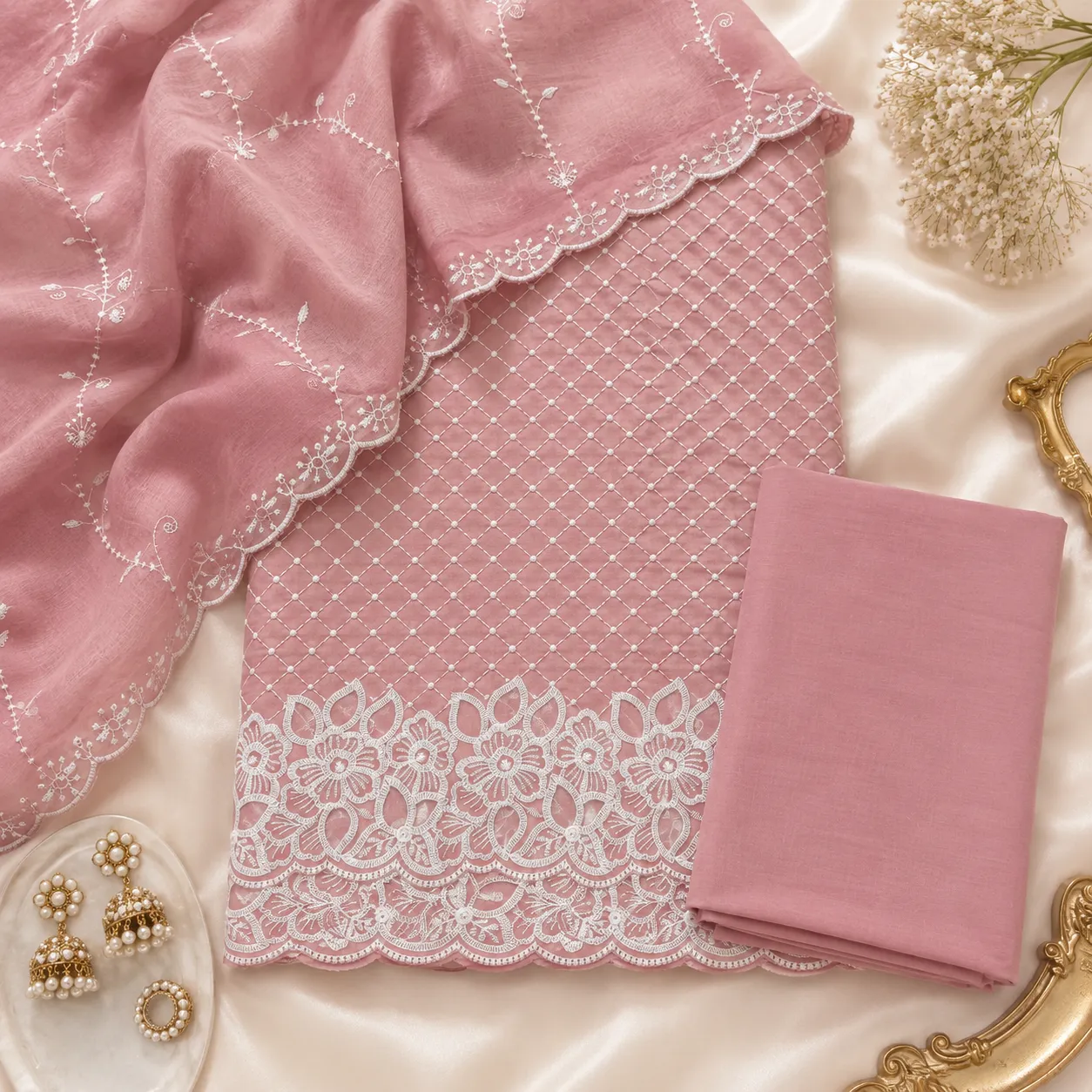 Pink Cotton Embroidered Unstitched Suit Fabric