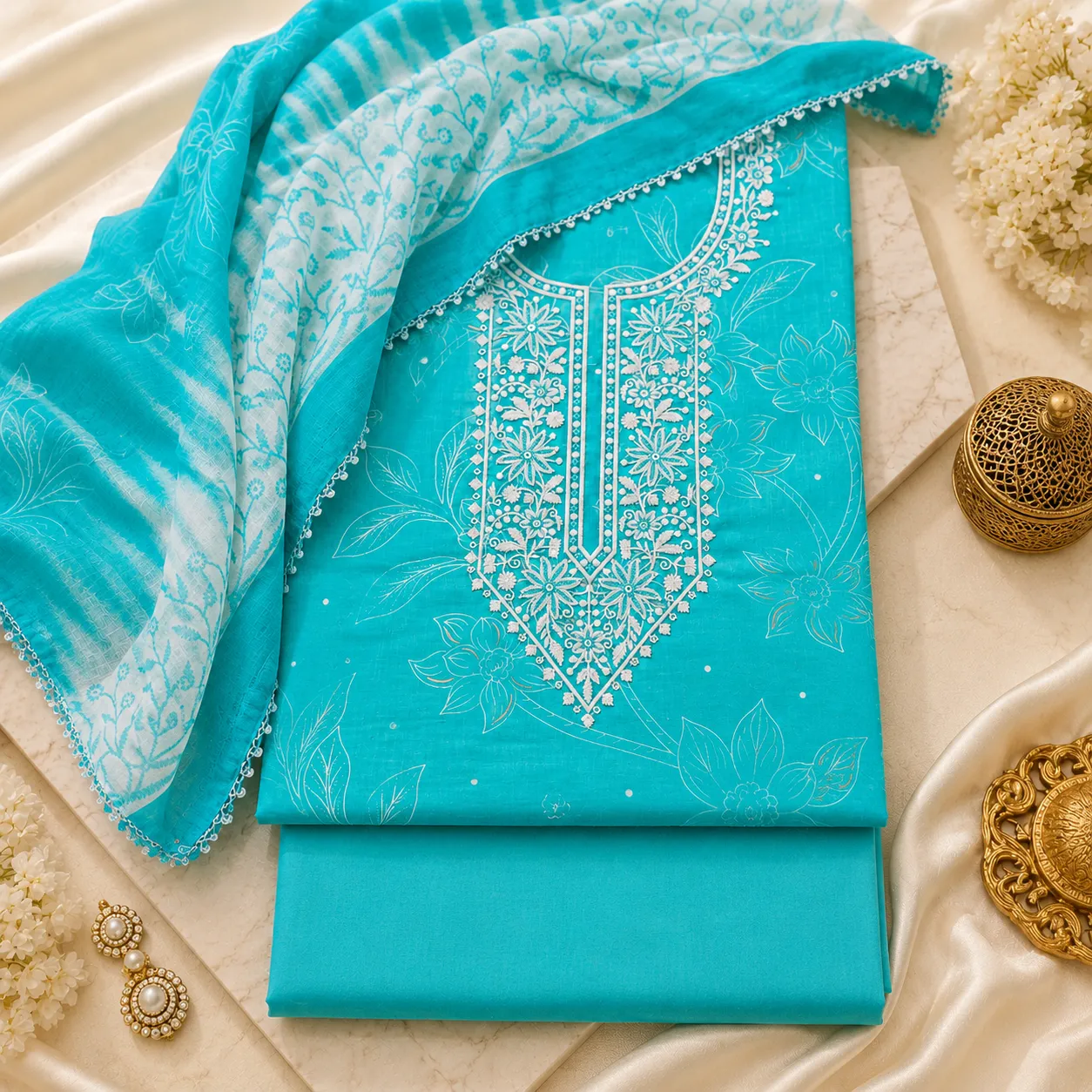 Turquoise Cotton Embroidered Unstitched Suit Fabric