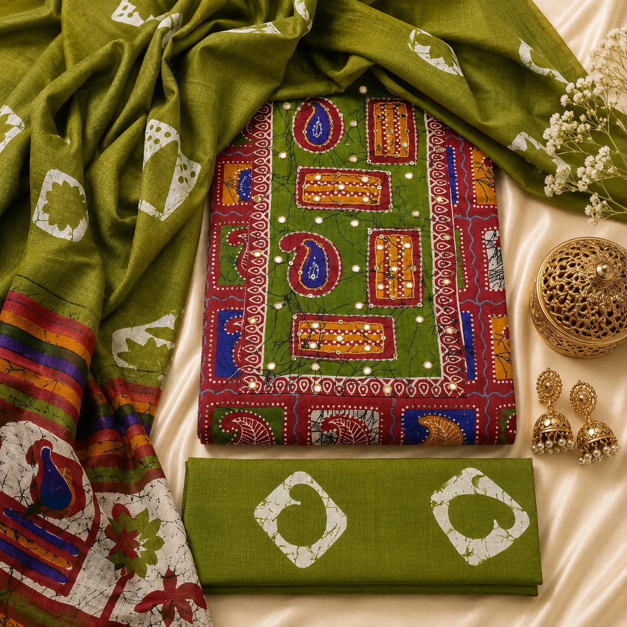 Mehandi Green Cotton Ajrak Print Unstitched Suit Fabric