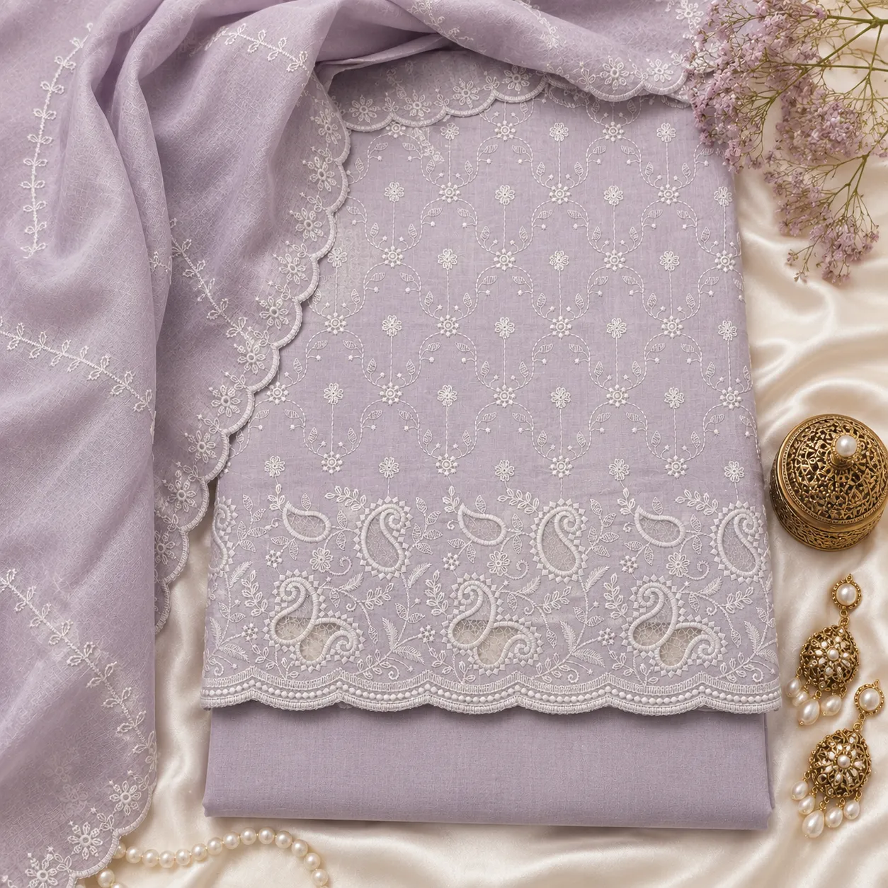 Lilac Cotton Chikankari & Cut Work Unstitched Suit Fabric