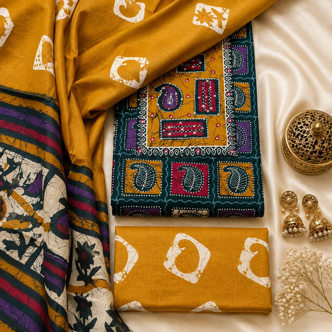 Mustard Cotton Ajrak Print Unstitched Suit Fabric