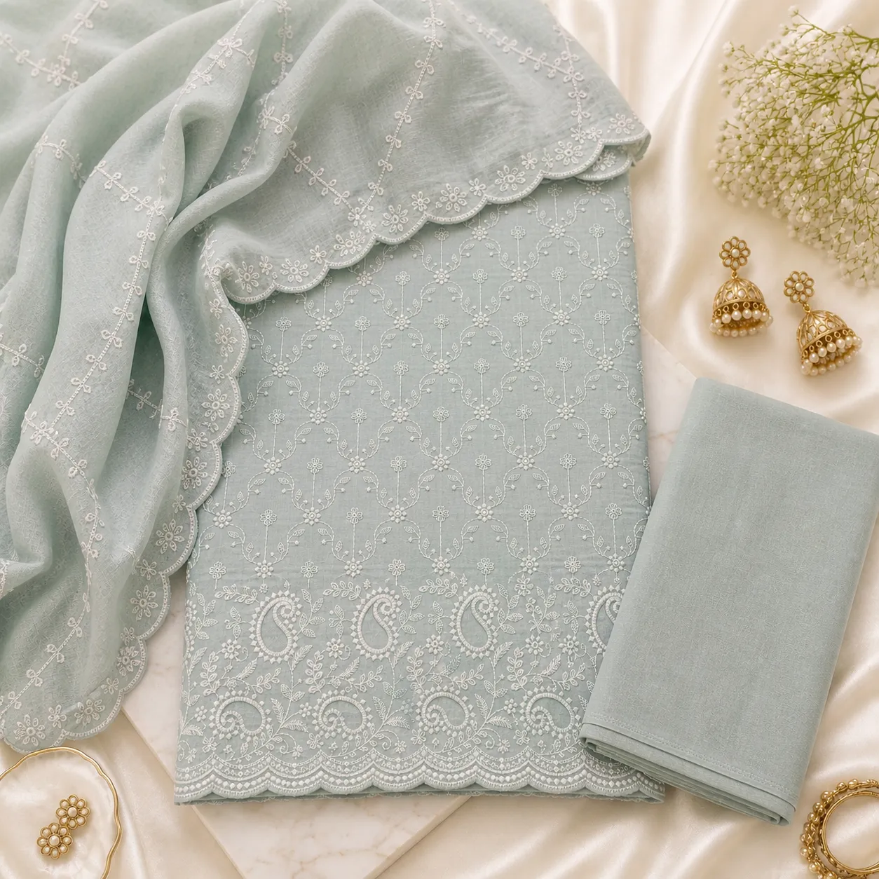 Pastel Green Cotton Chikankari & Cut Work Unstitched Suit Fabric