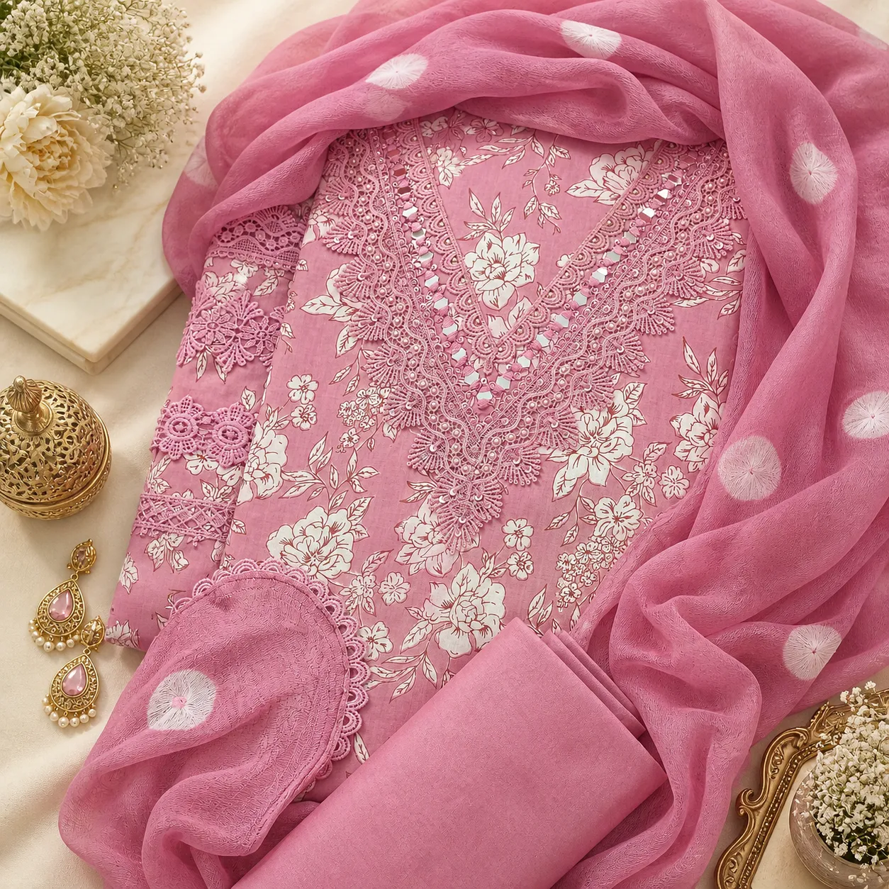 Mauve Pink Floral Printed Pure Cotton Unstitched Suit Fabric with Embroidery & Mirror work