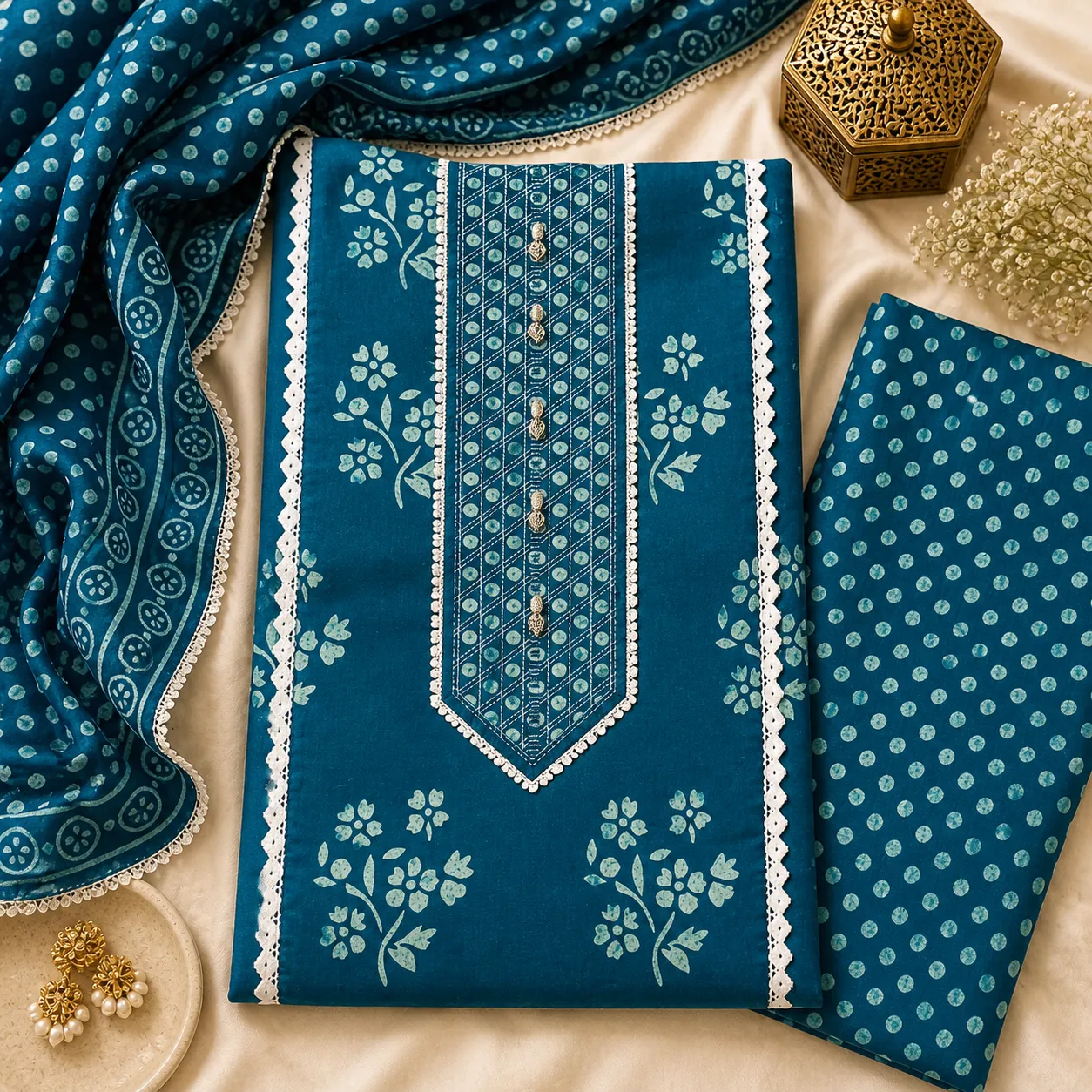 Peacock Blue Teal Floral Printed Pure Cotton Unstitched Suit Fabric