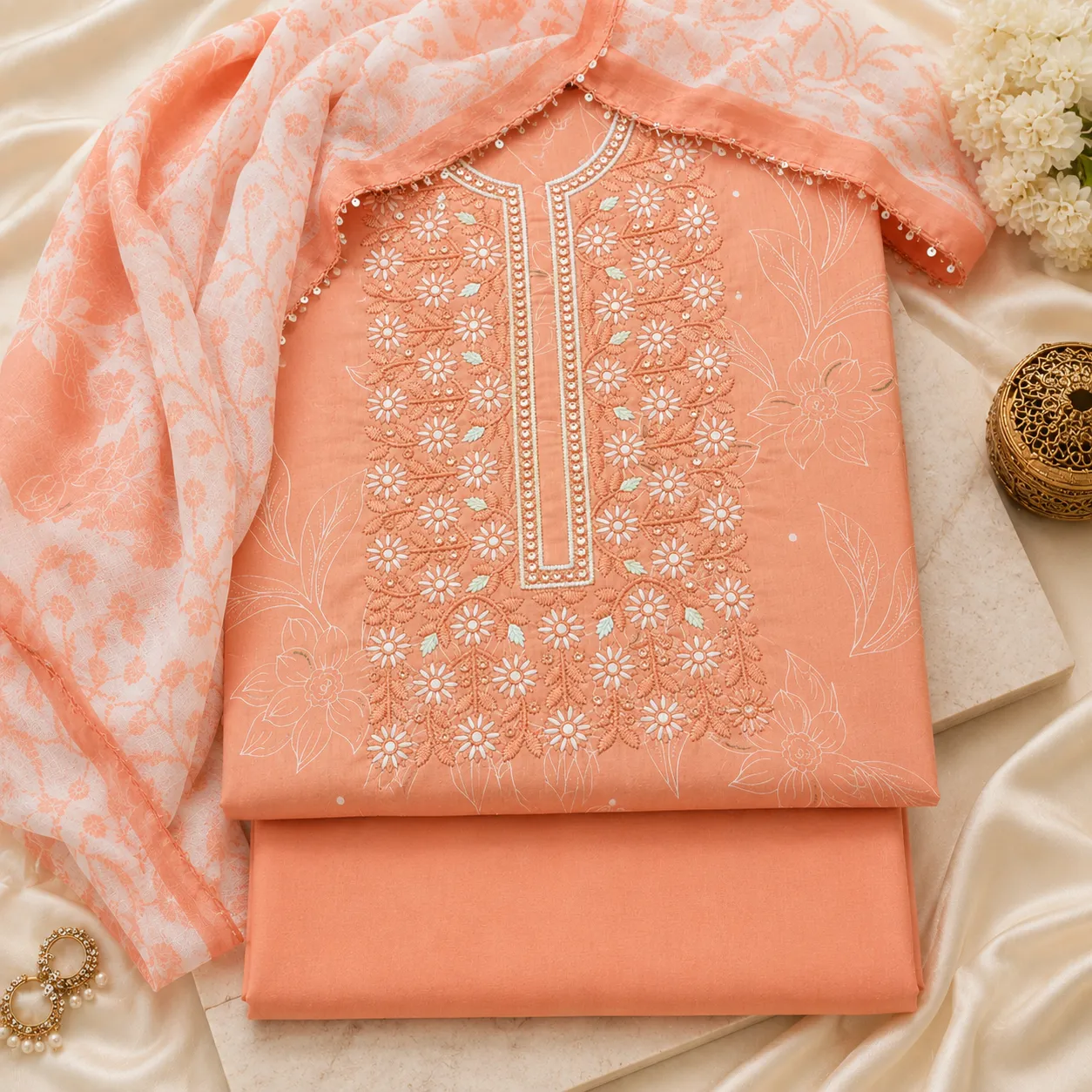 Peach Cotton Embroidered Unstitched Suit Fabric