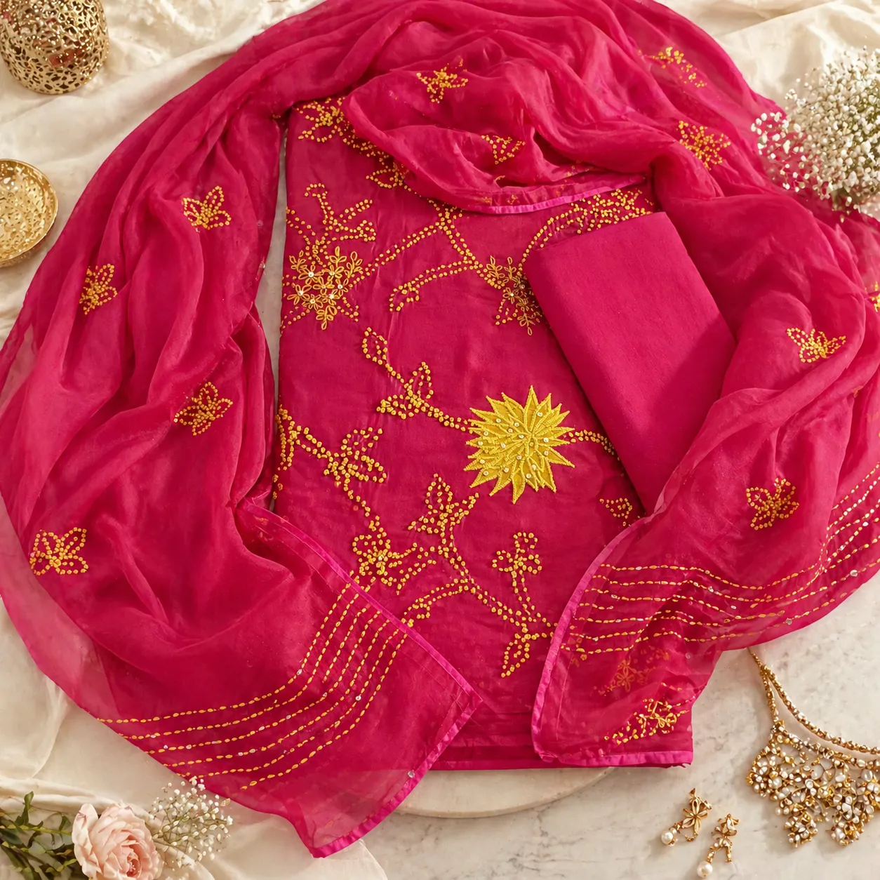 Embroidered Maroon Chinon unstitched Suit Set