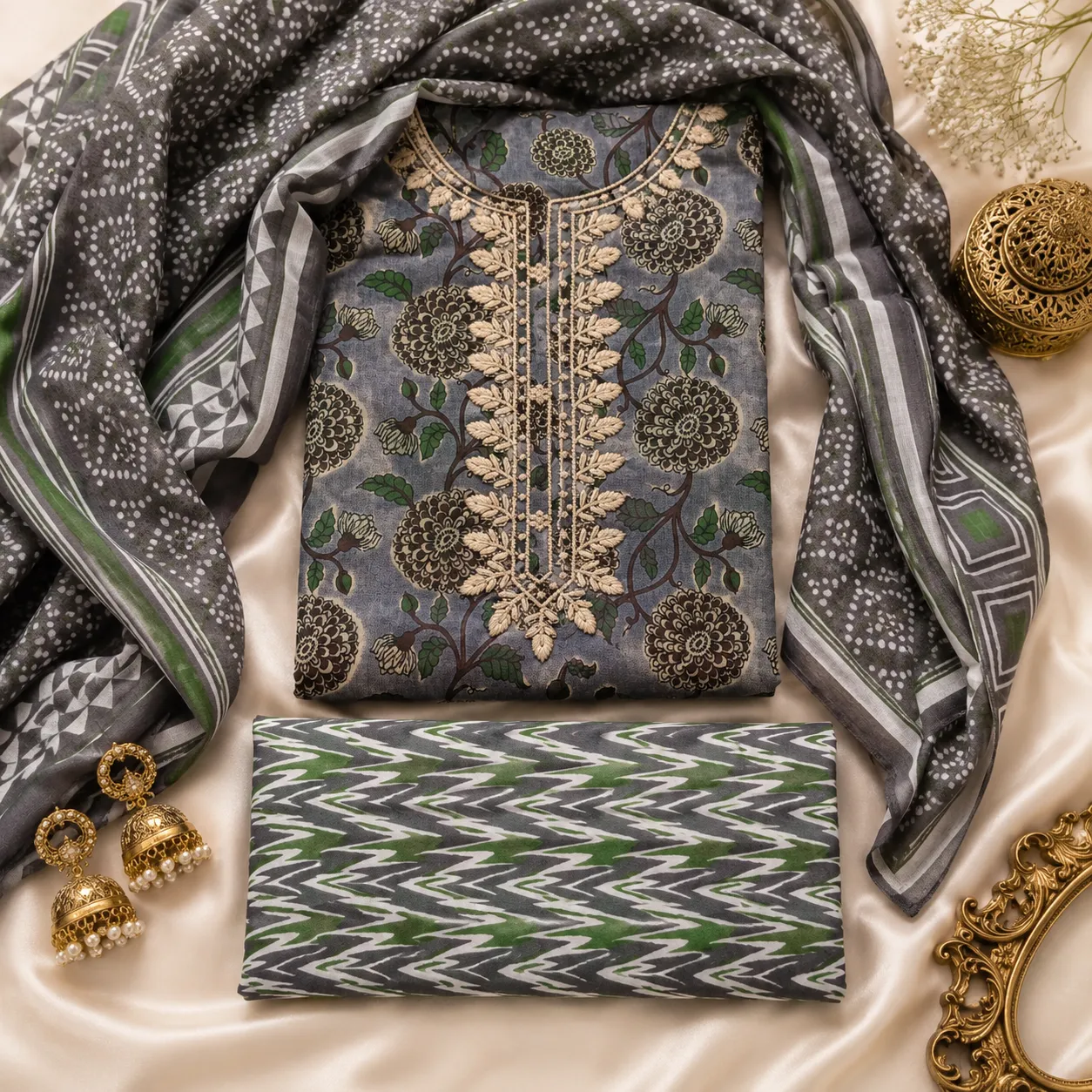 Grey Cotton Printed with Embroidery Unstitched Suit Fabric