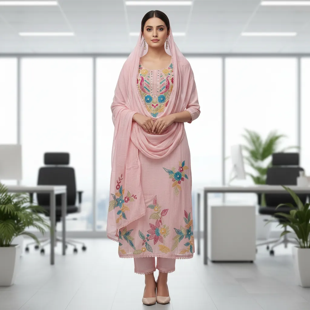 Pink Mul Cotton Unstitched fabric with Traditional Hand Embroidery & Mirror work