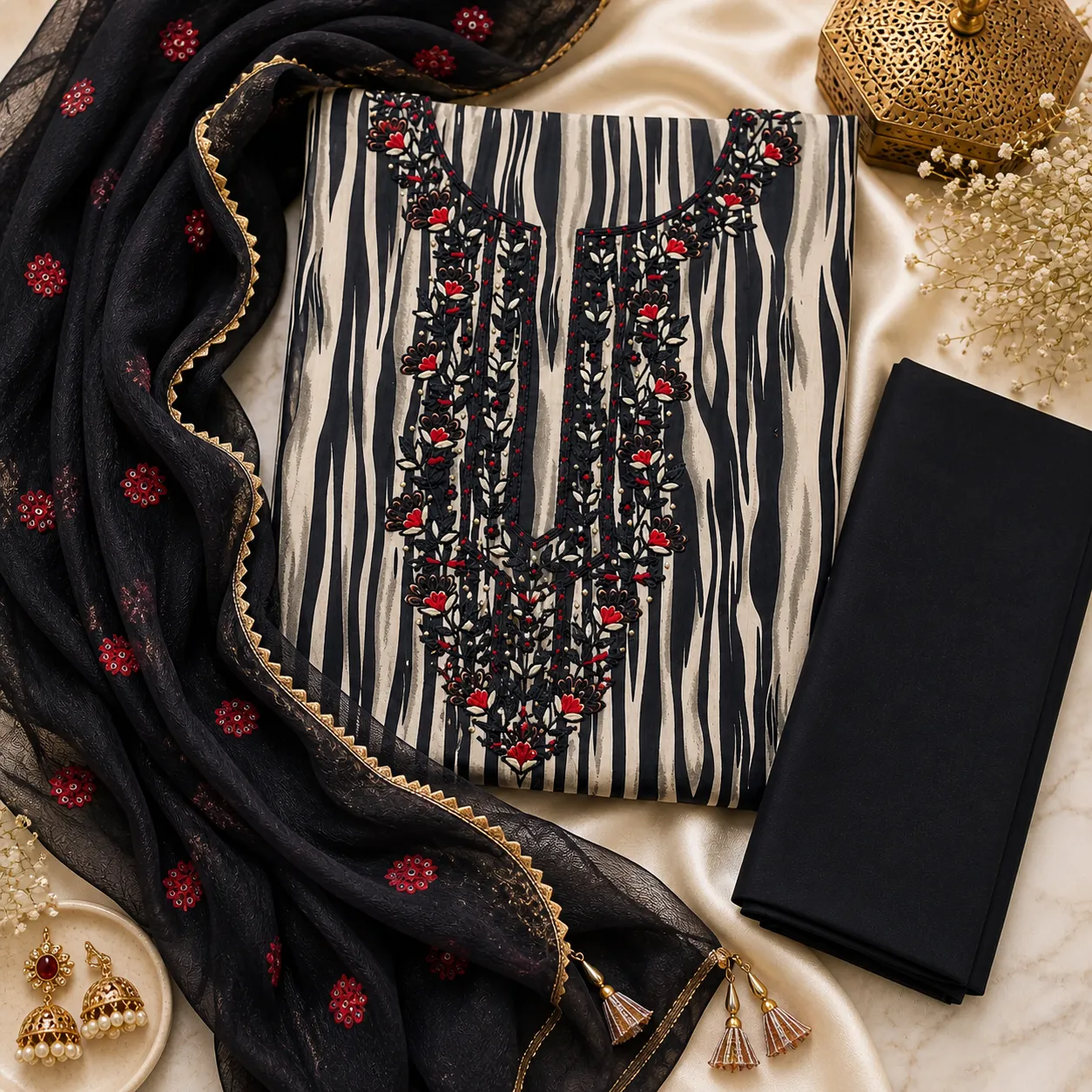 Black Embroidered Cotton Suit Set