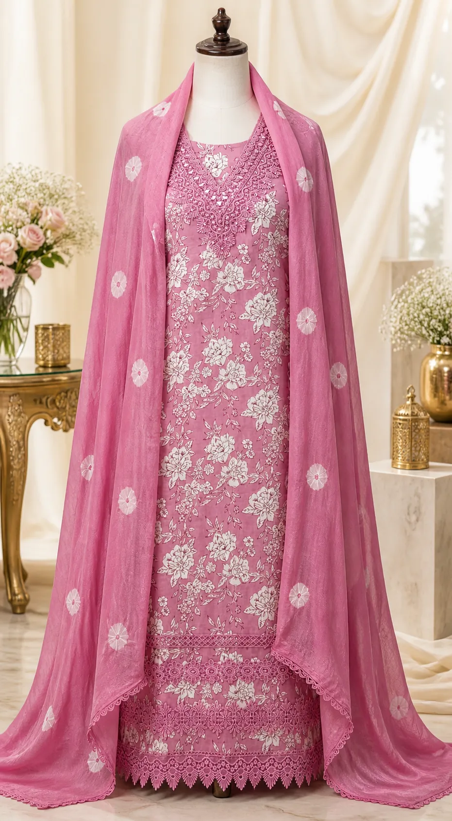 Mauve Pink Floral Printed Pure Cotton Unstitched Suit Fabric with Embroidery & Mirror work