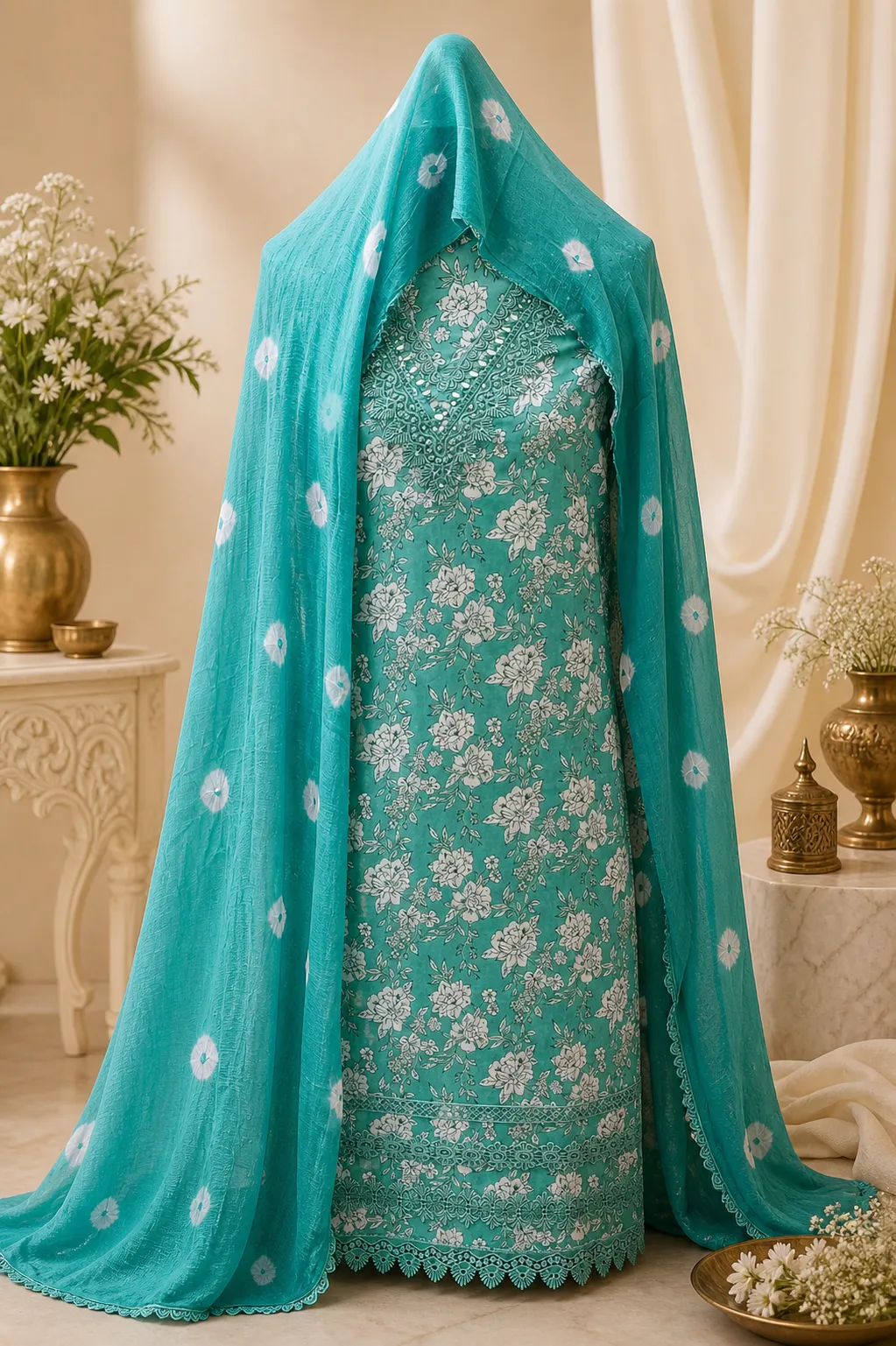 Green Floral Printed Pure Cotton Unstitched Suit Fabric with Embroidery & Mirror work