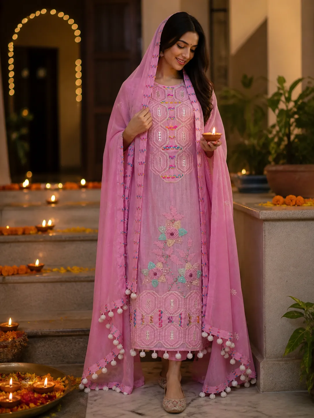 Embroidered Pink Pure Mul Chanderi Unstitched Suit Fabric