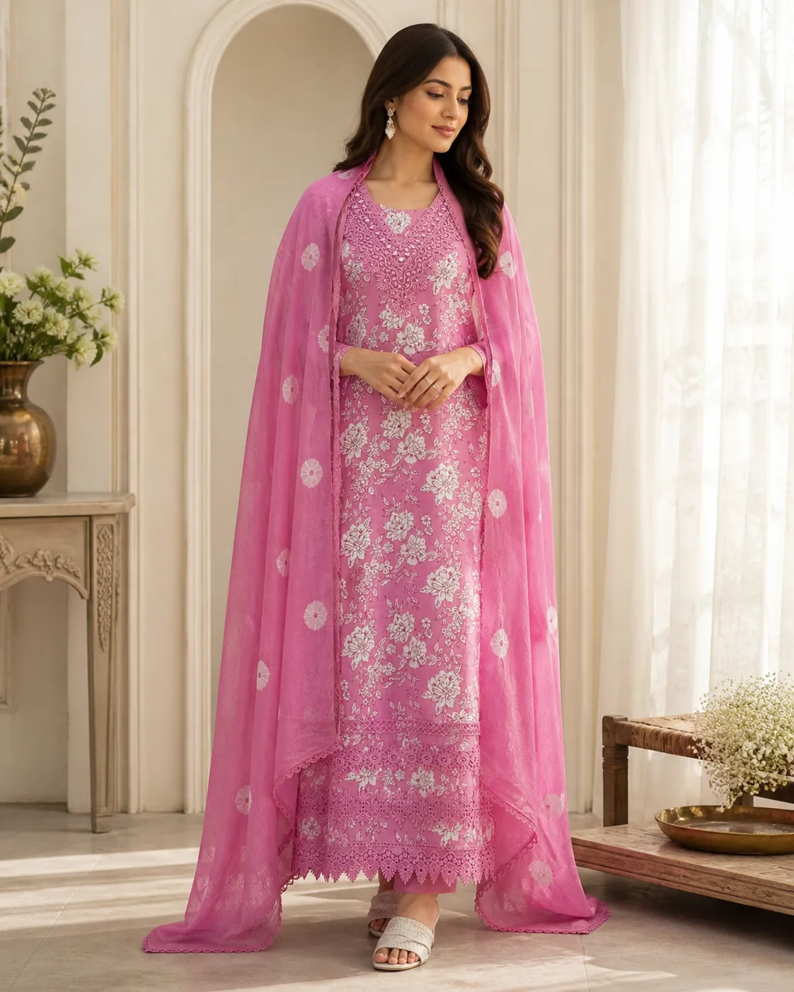 Mauve Pink Floral Printed Pure Cotton Unstitched Suit Fabric with Embroidery & Mirror work