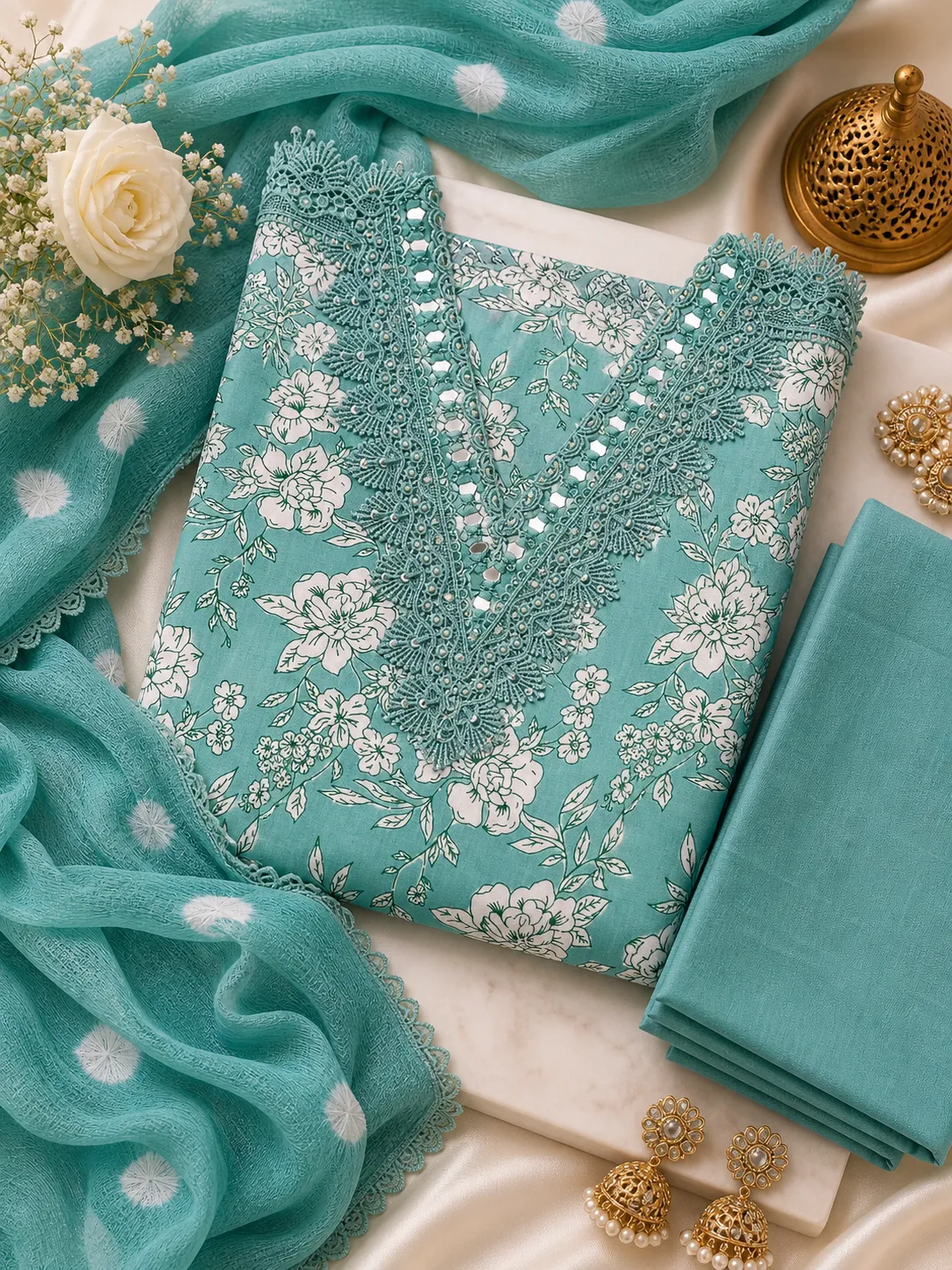 Green Floral Printed Pure Cotton Unstitched Suit Fabric with Embroidery & Mirror work