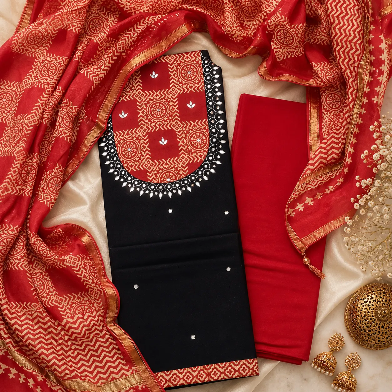 Red and Black Pure Cotton Printed Unstitched suit fabric