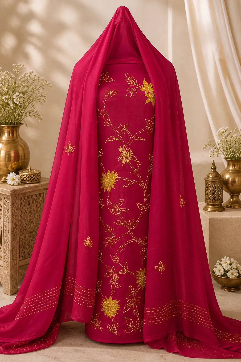 Embroidered Maroon Chinon unstitched Suit Set
