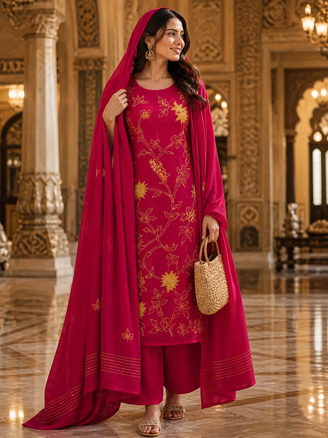 Embroidered Maroon Chinon unstitched Suit Set