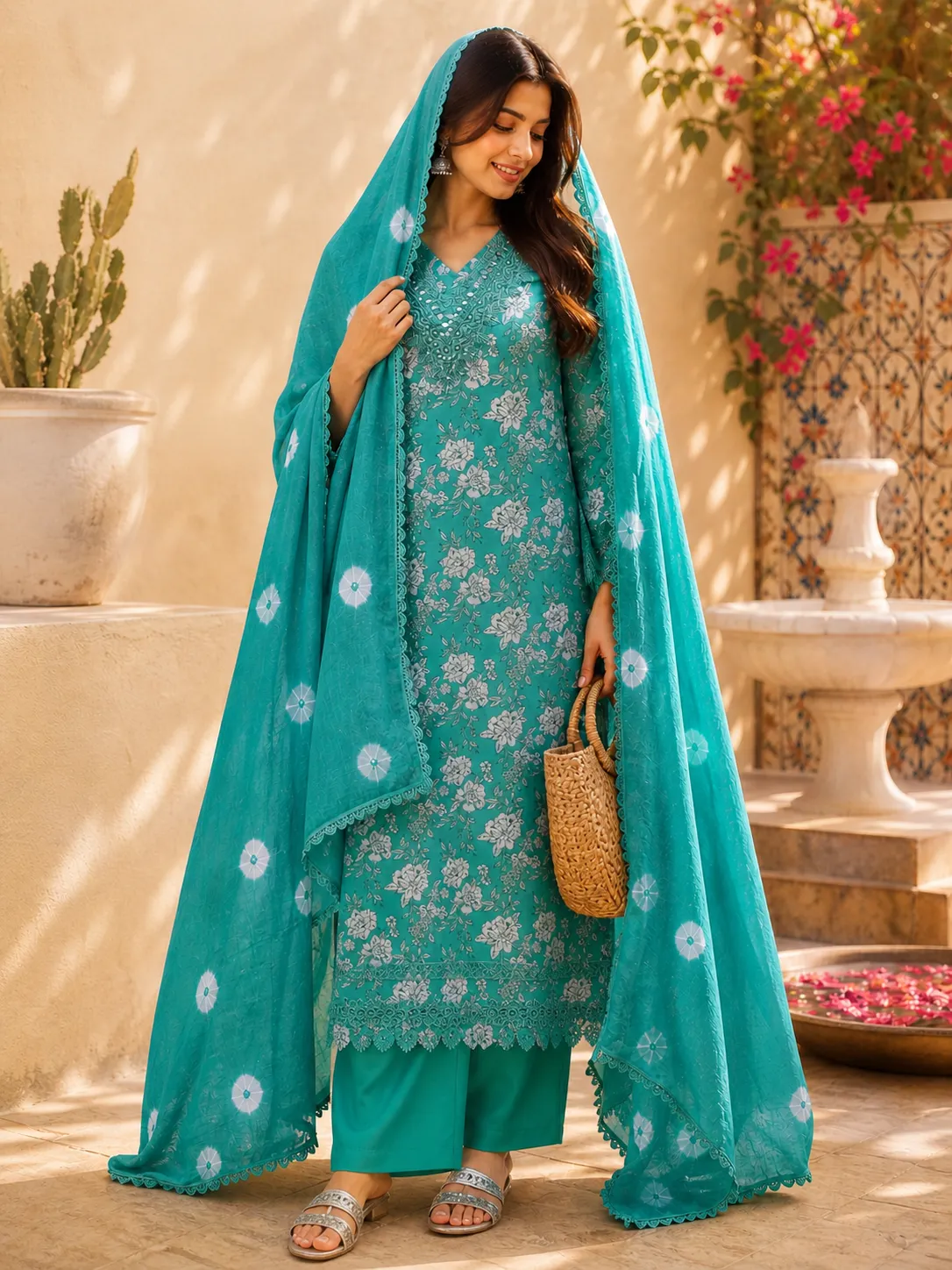 Green Floral Printed Pure Cotton Unstitched Suit Fabric with Embroidery & Mirror work