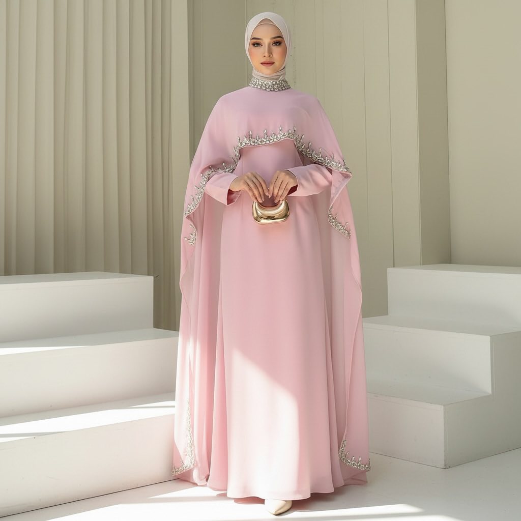Elegant Pink Stone Work Cape Abaya Set